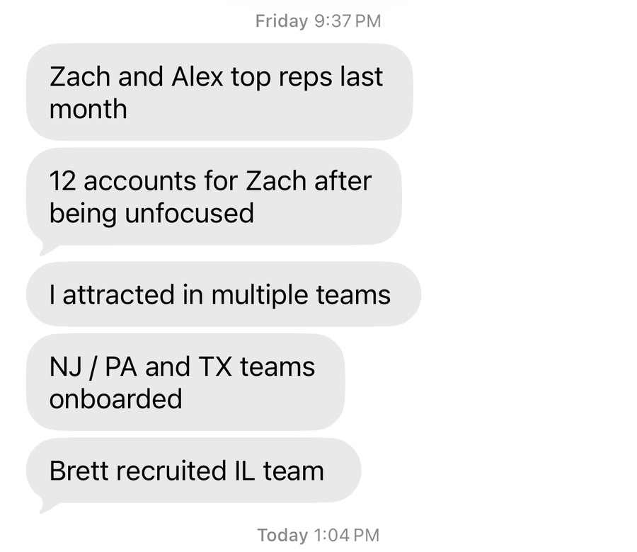 Text from Jordan Seifert listing thirty-day results